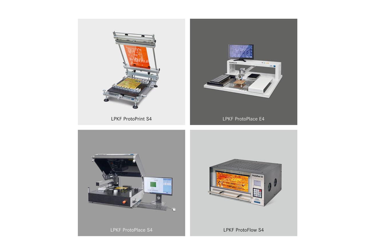 Fig. 1a: New products in the LPKF portfolio for in-house SMD assembly of PCB prototypes: stencil printers, pick & place machines, and reflow ovens.