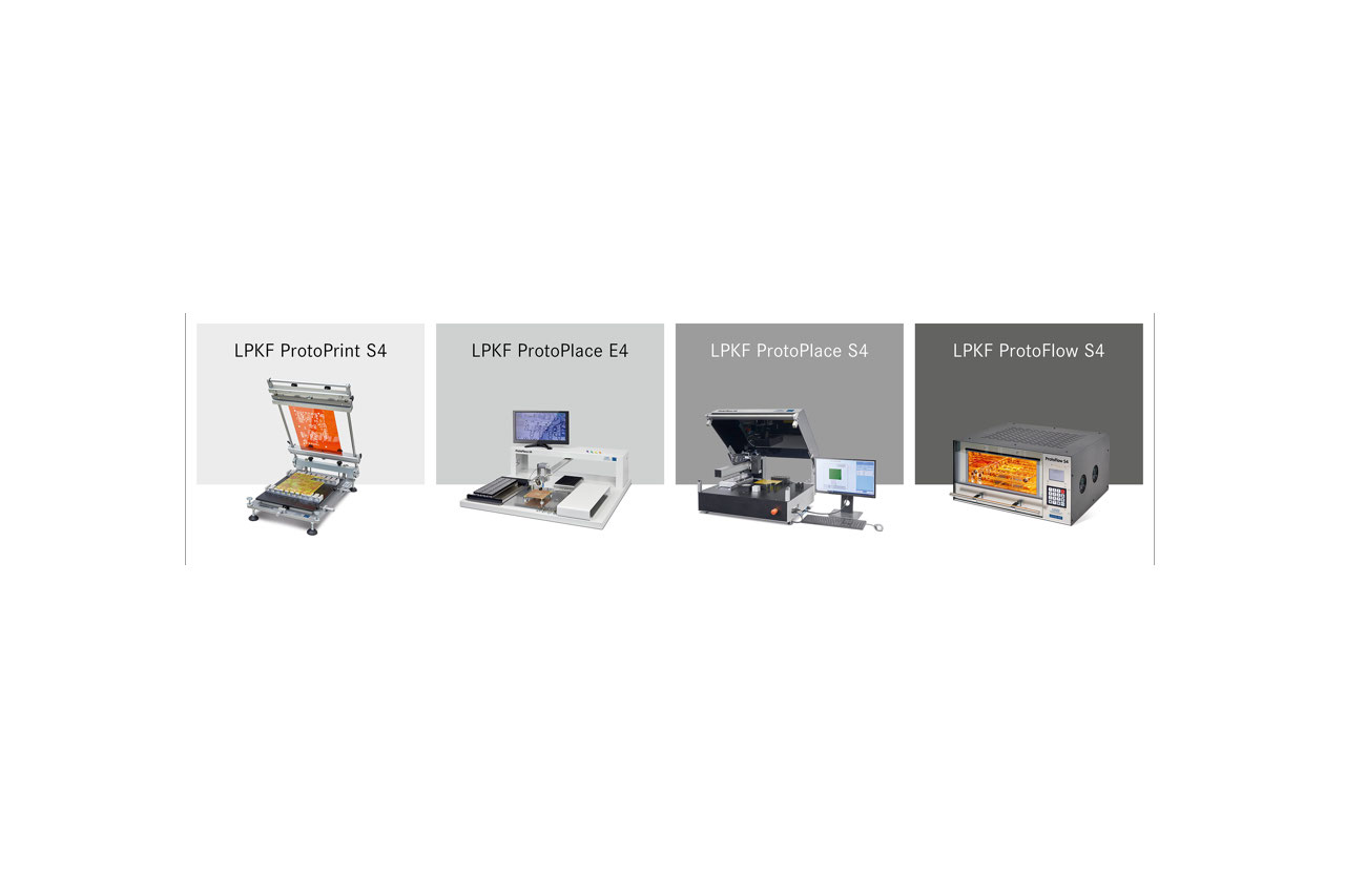 Fig. 1b (alternative): New products in the LPKF portfolio for in-house SMD assembly of PCB prototypes: stencil printers, pick & place machines, and reflow ovens.