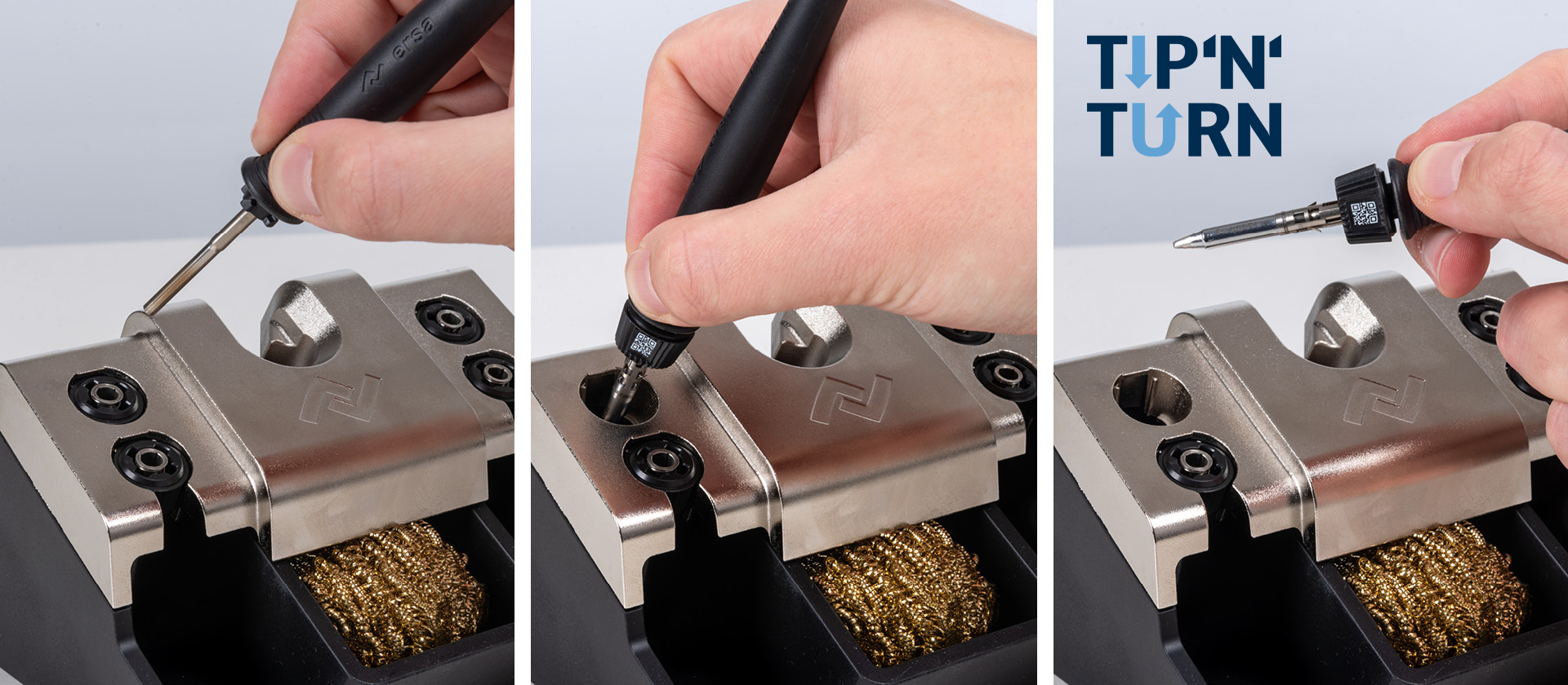 The patented Tip´n´Turn concept enables tip change in record time. Safe changing of the soldering tip in the blink of an eye – using the tool holder or by hand. Convincing: the significantly cooler handpiece of the i-TOOL TRACE, whether for short operations or in continuous operation.
