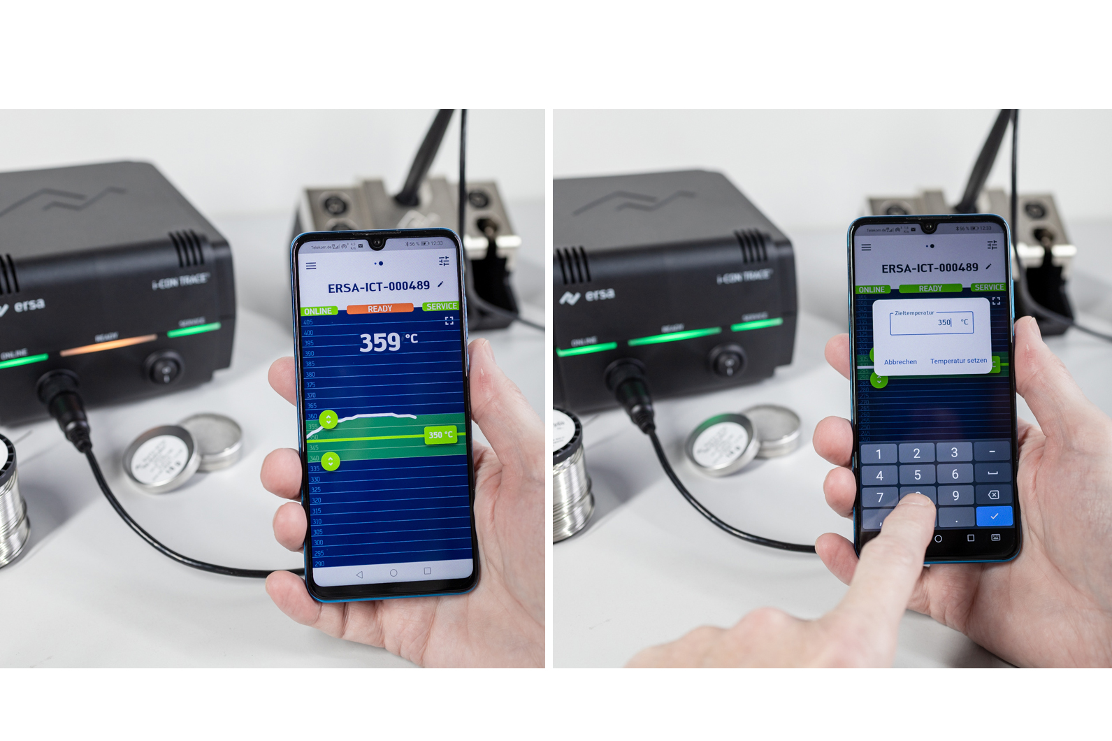 Intuitive and safe operation of the i-CON TRACE with the Ersa TRACE APP via WLAN. Setting and displaying all parameters on any number of soldering stations. For iOS and Android. In real time.