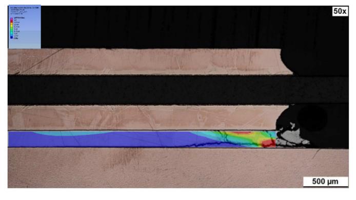 Figure 8: Cross sectional view of a tested sampled with 300 µm AMB copper thickness, 320 µm of Si3N4, BLT of 150 µm of the sinter layer and a copper baseplate after 1500 cycles overlayed with the simulated distribution of the damage parameter ΔW 