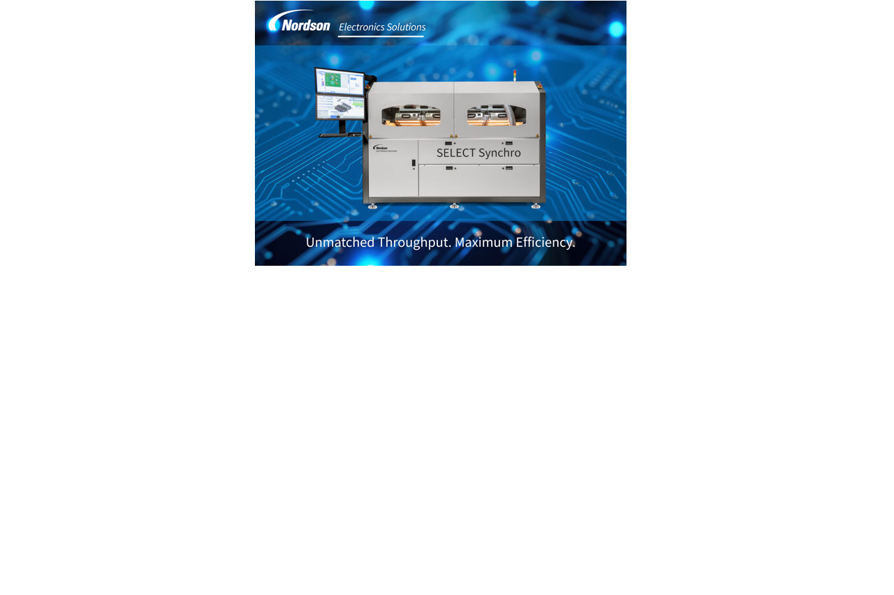 Nordson Electronics Solutions to exhibit the SELECT Synchro selective soldering system at Productronica 2025. SELECT Synchro provides unmatched throughput with maximum efficiency in selective soldering for electronics manufacturing.
