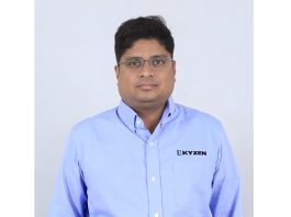 KYZEN booth at productronica India 2026 showcasing E5631 stencil and E5325 maintenance cleaning chemistries