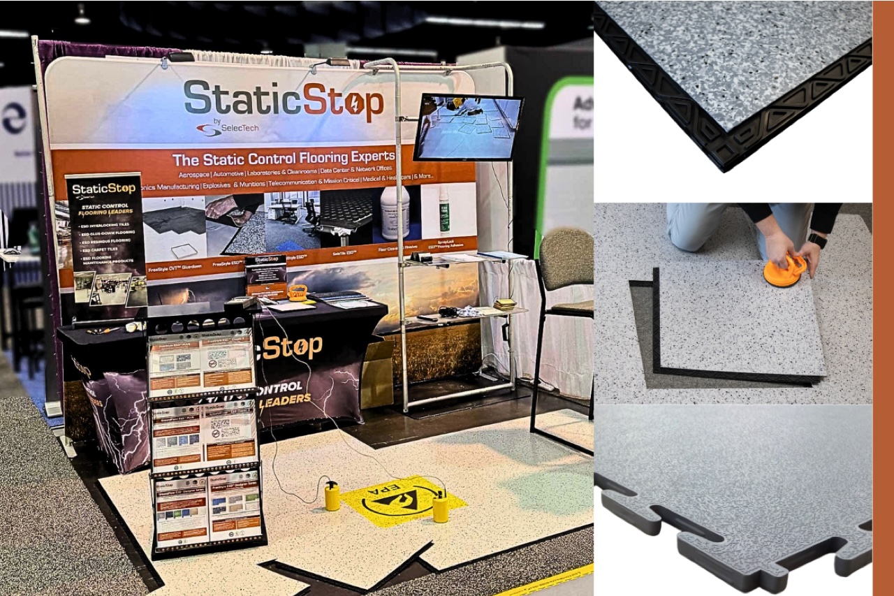 Staticstop.jpeg StaticStop ESD interlocking flooring tiles displayed at SMTA International trade show booth 2730