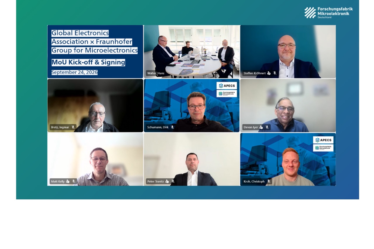 global-electronics-mou-photos.jpeg Global Electronics Association and Fraunhofer Group for Microelectronics representatives signing MoU for advanced packaging adoption