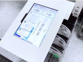 Inovaxe LS350 Smart Rack mobile cart for SMT line-side replenishment with touchscreen interface