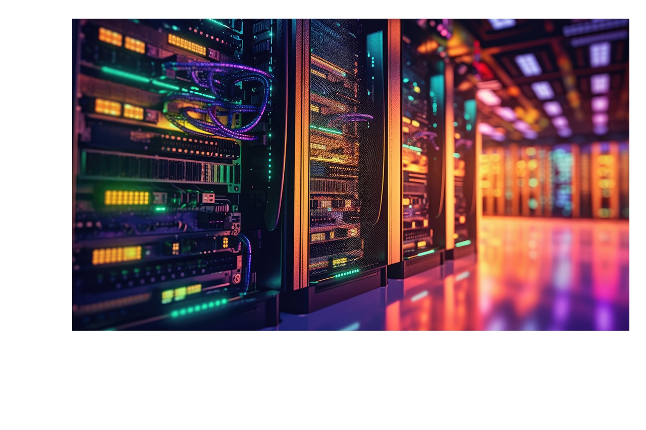 AI-driven data center interior showing server racks, chips, and interconnect infrastructure powering semiconductor growth