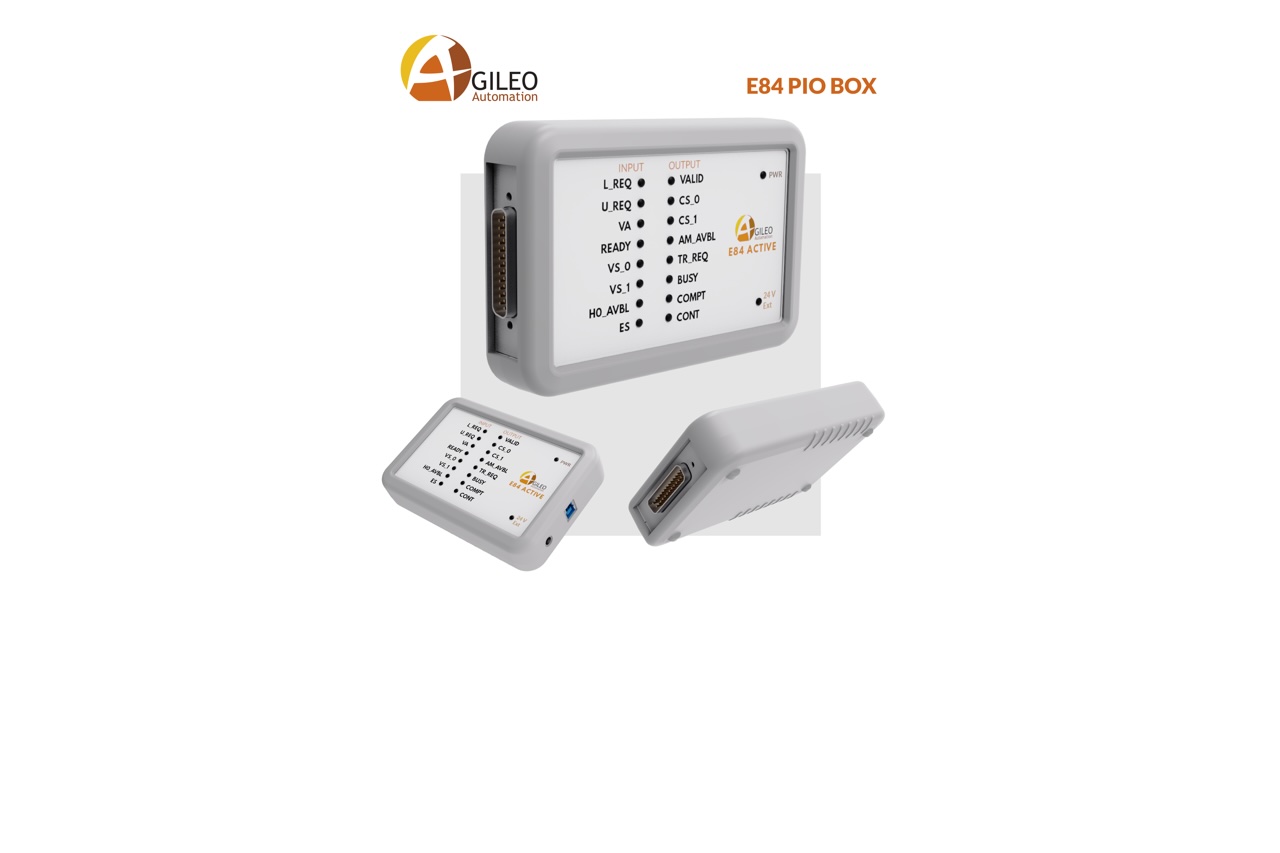 Agileo Automation E84 PIO Box handheld device for semiconductor equipment compliance testing in wafer fabs