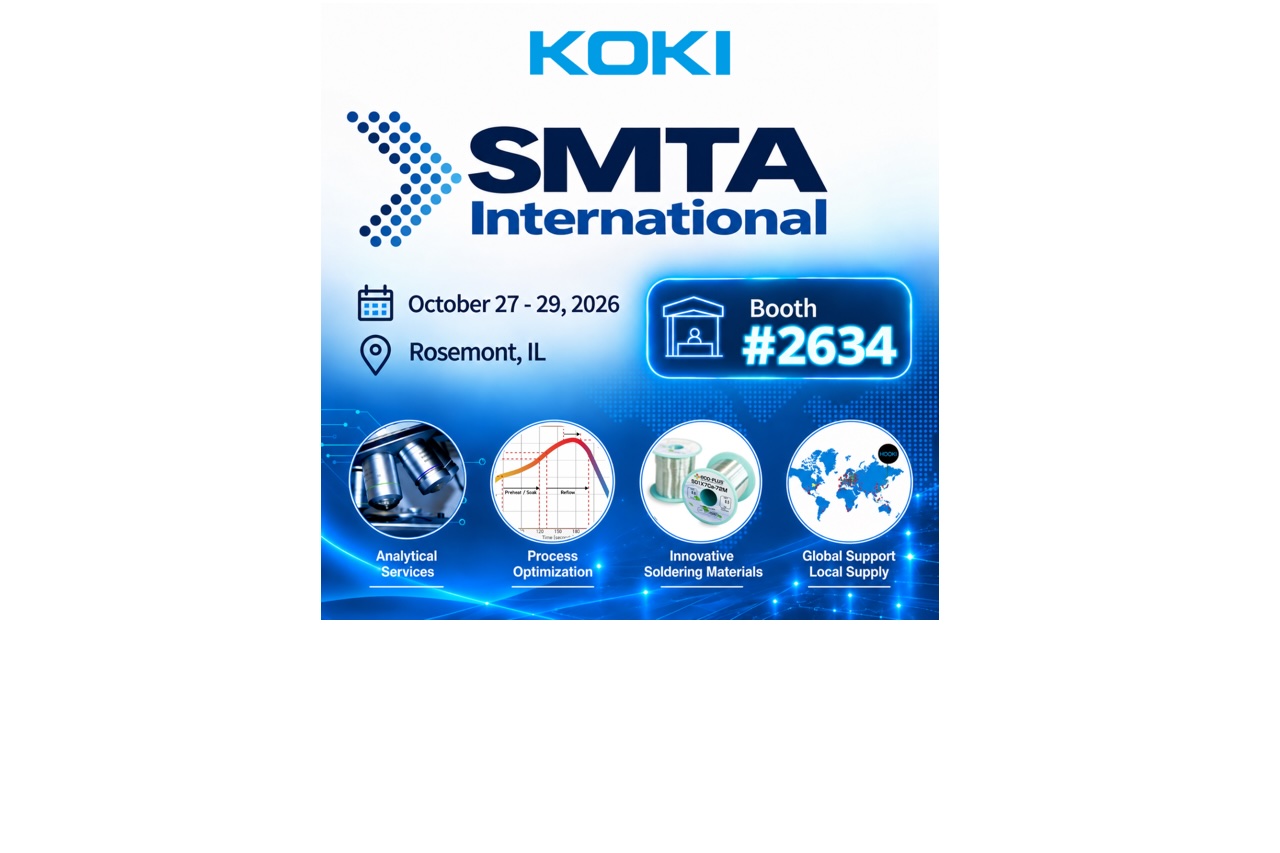 koki-at-smta.jpeg KOKI Solder America booth displaying solder paste products and SMT assembly materials at SMTA International 2026