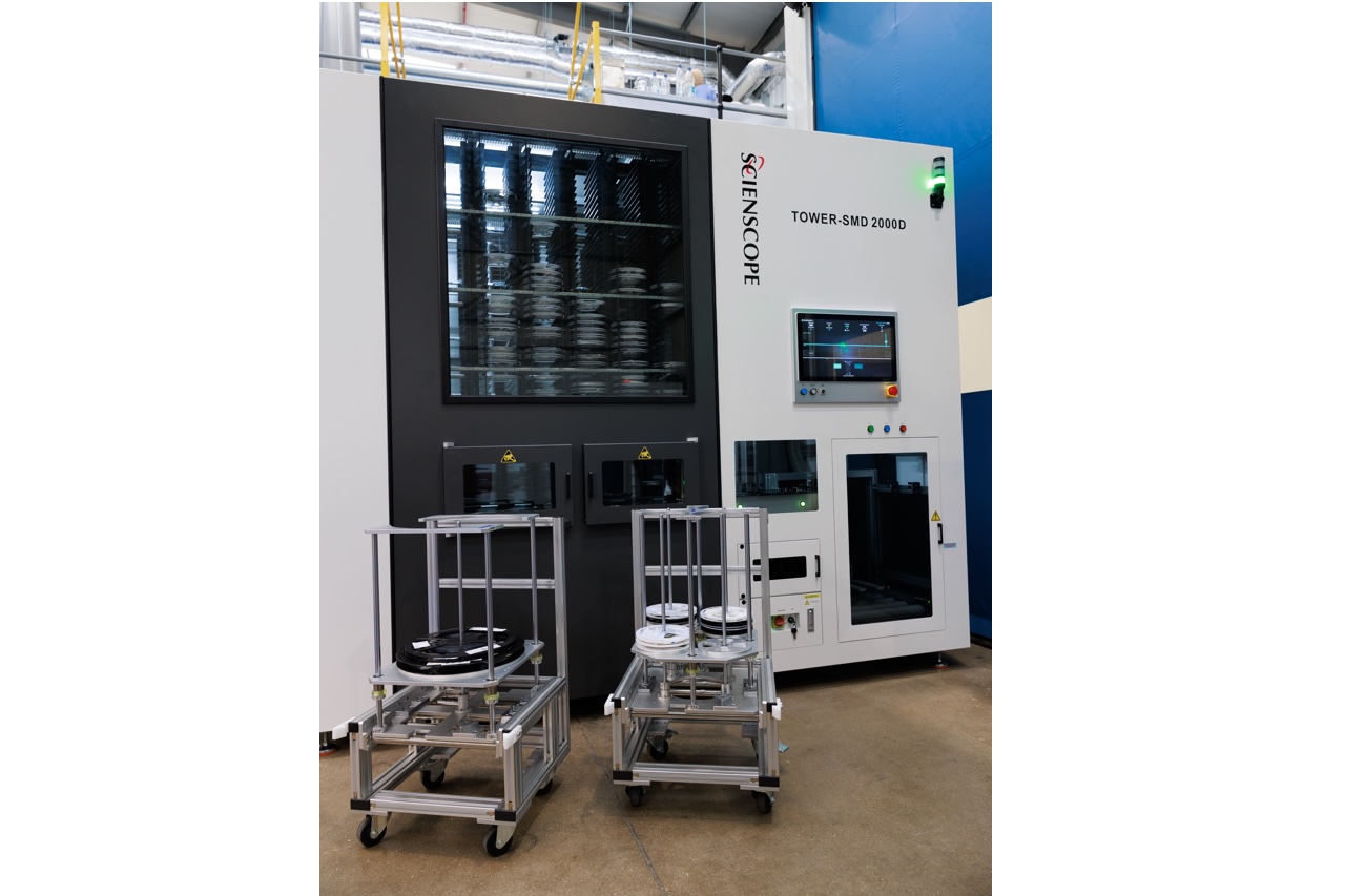 Scienscope Tower SMD 2000 automated reel storage tower installed at EMPEL Systems facility in Milton Keynes